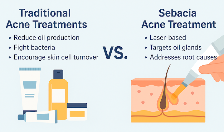 Sebacia vs. traditional acne treatments infographic comparing laser-based oil gland targeting with topical and oral medications